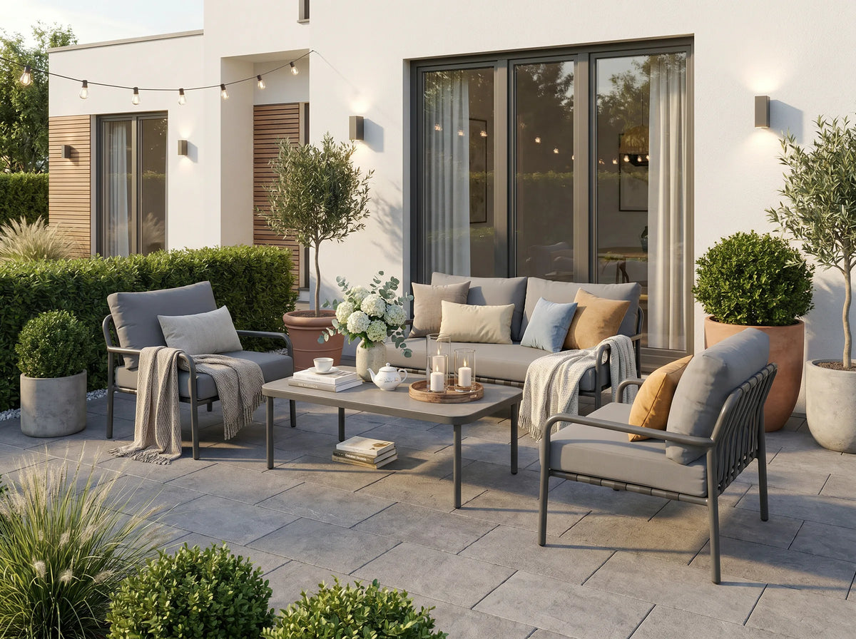 Gartenlounge Set Finqa Amsterdam mit Sofa, 2 Sesseln & Tisch – grau