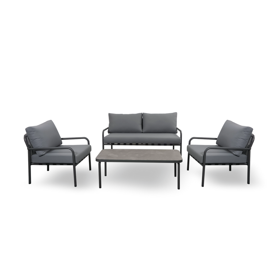Gartenlounge Set wetterfest mit Sofa, 2 Sesseln & Tisch | Finqa Amsterdam – Aluminium, grau