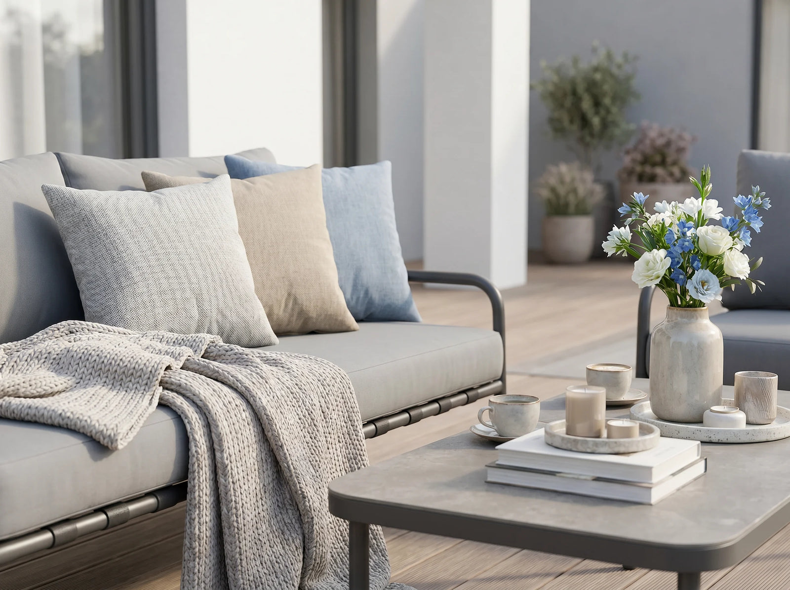 Gartenlounge Set Finqa Amsterdam mit Sofa, 2 Sesseln & Tisch – grau