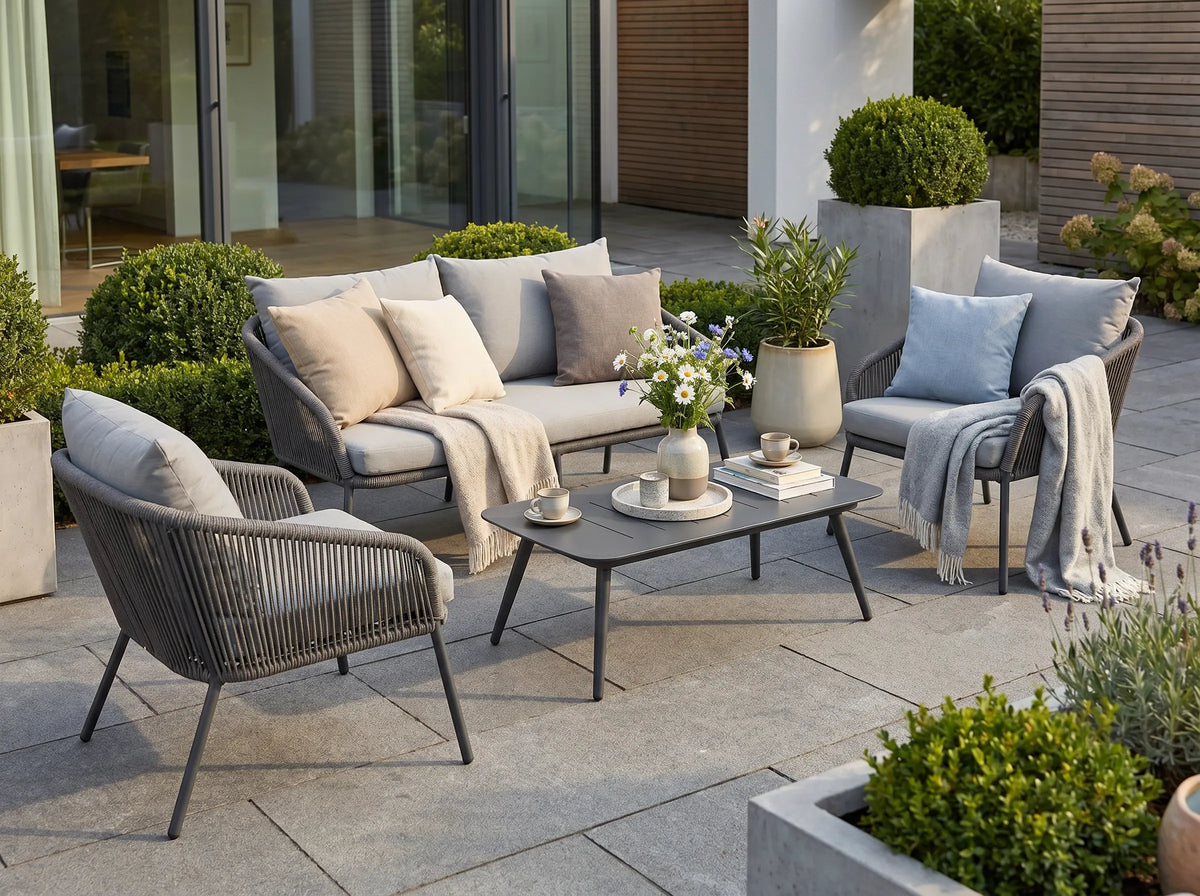 Gartenlounge Set Finqa Eindhoven 4-Sitzer mit Tisch – Rope-Design, grau