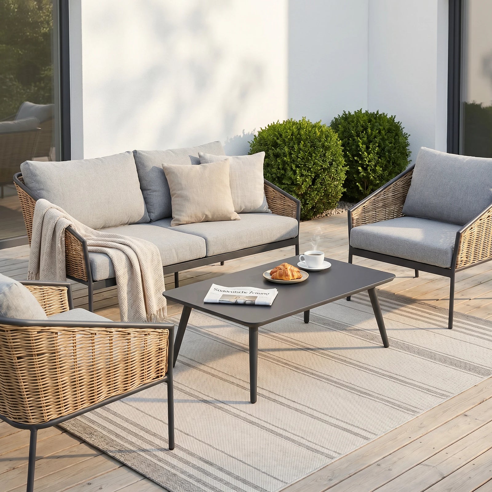 Gartenlounge Set Finqa Como 4-Sitzer mit Tisch – Rattan-Optik, hellgrau
