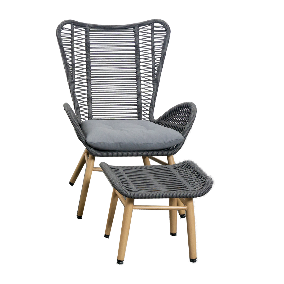 Gartensessel Set Finqa Sevilla 2er-Set mit Fußhockern – Rope-Design, hellgrau