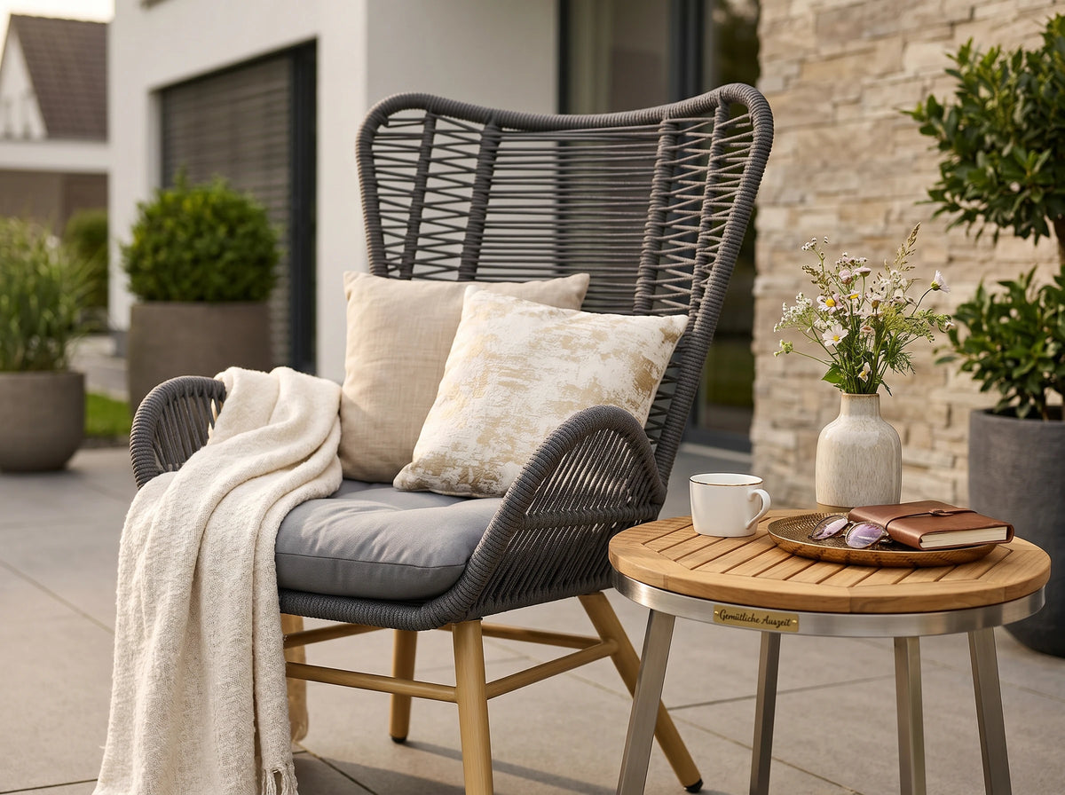 Gartensessel Set Finqa Sevilla 2er-Set mit Fußhockern – Rope-Design, hellgrau