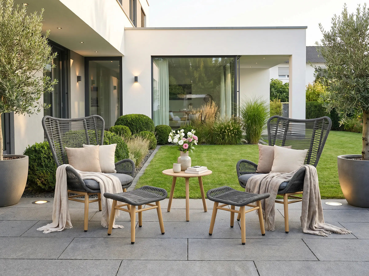 Gartensessel Set Finqa Sevilla 2er-Set mit Fußhockern – Rope-Design, hellgrau
