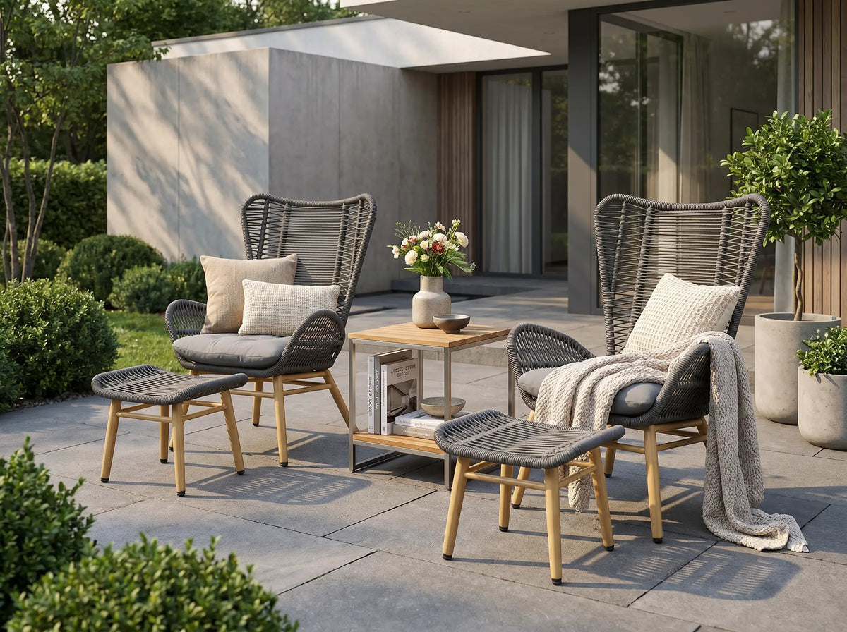 Gartensessel Set Finqa Sevilla 2er-Set mit Fußhockern – Rope-Design, hellgrau