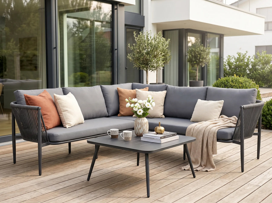 Gartenlounge Set Finqa Sicilia 5-Sitzer mit Tisch – wetterfest, hellgrau
