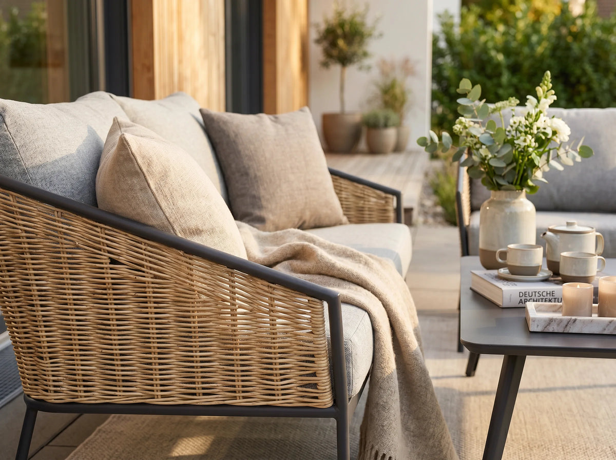 Gartenlounge Set Finqa Como 4-Sitzer mit Tisch – Rattan-Optik, hellgrau