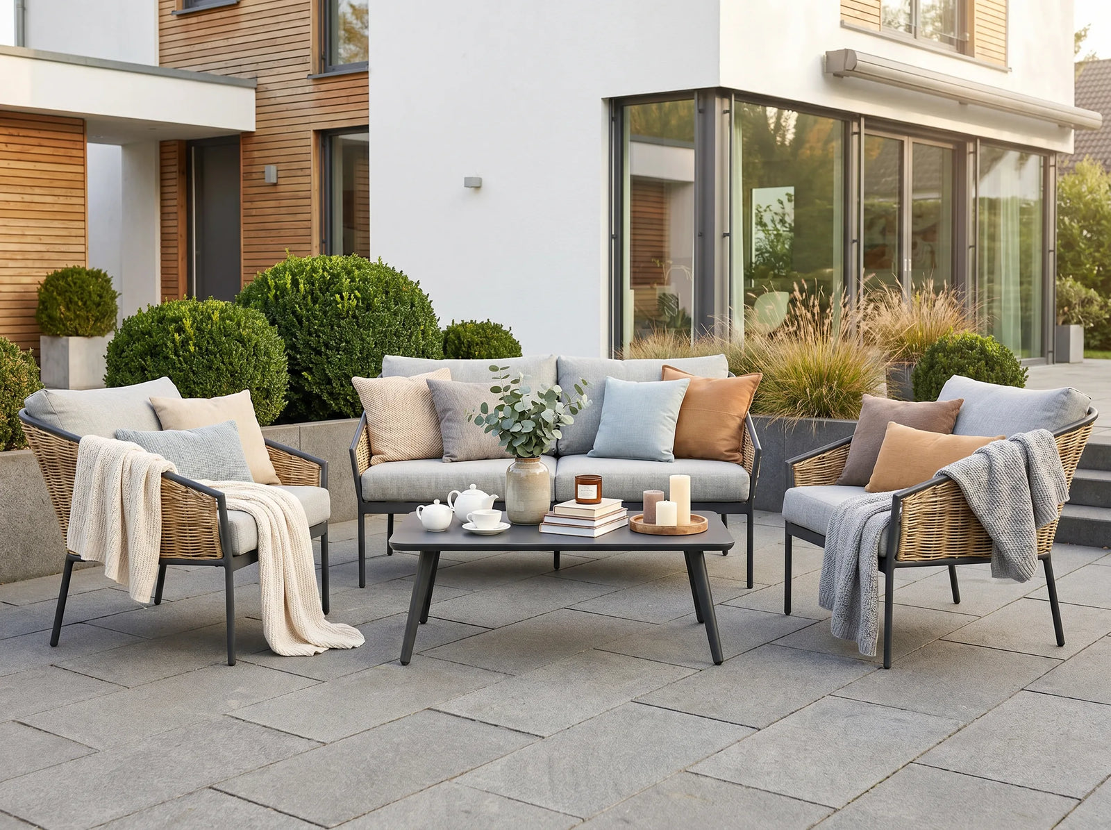 Gartenlounge Set Finqa Como 4-Sitzer mit Tisch – Rattan-Optik, hellgrau